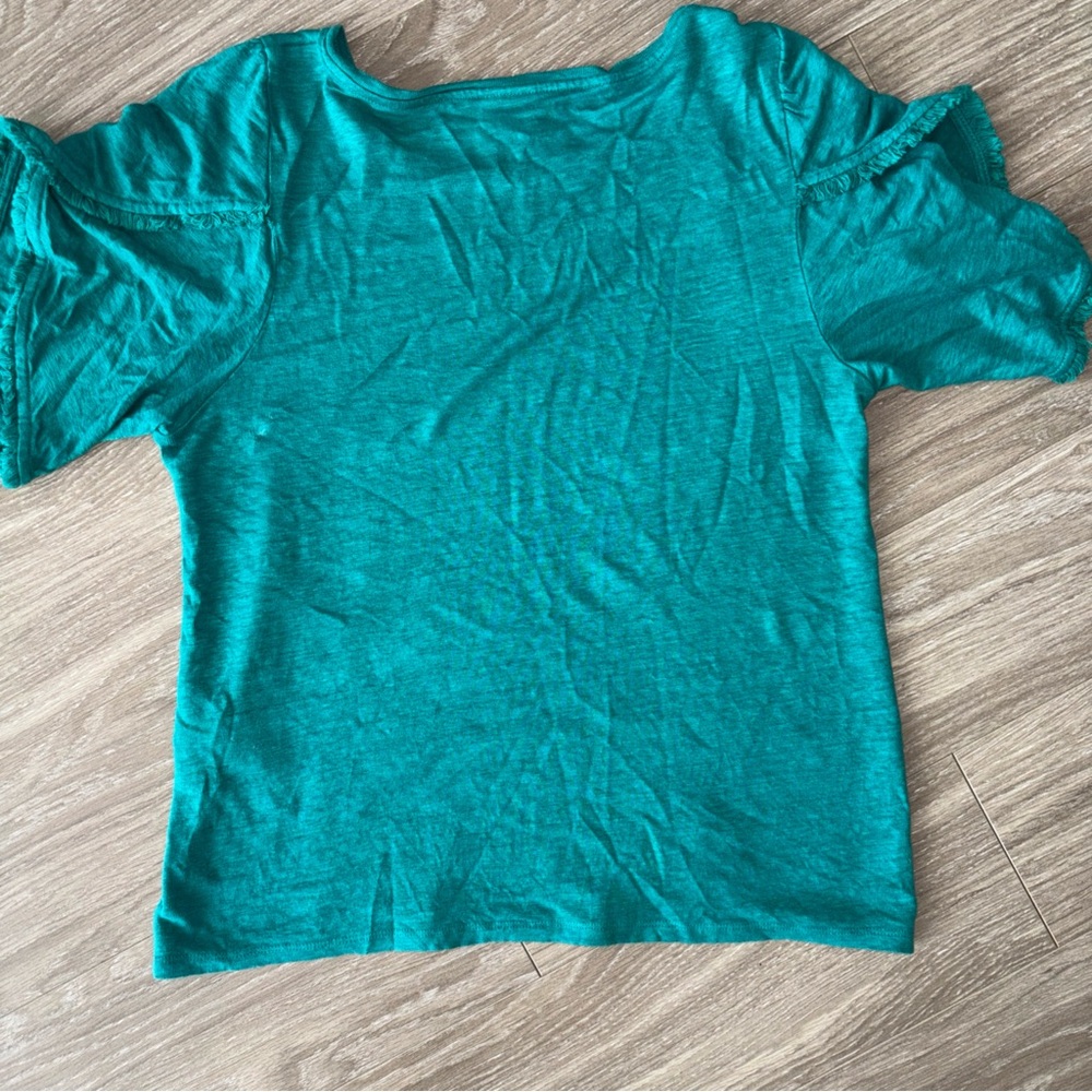 Chico's Vibrant Teal Short Sleeve Top Linen ruffle - Picture 3 of 5